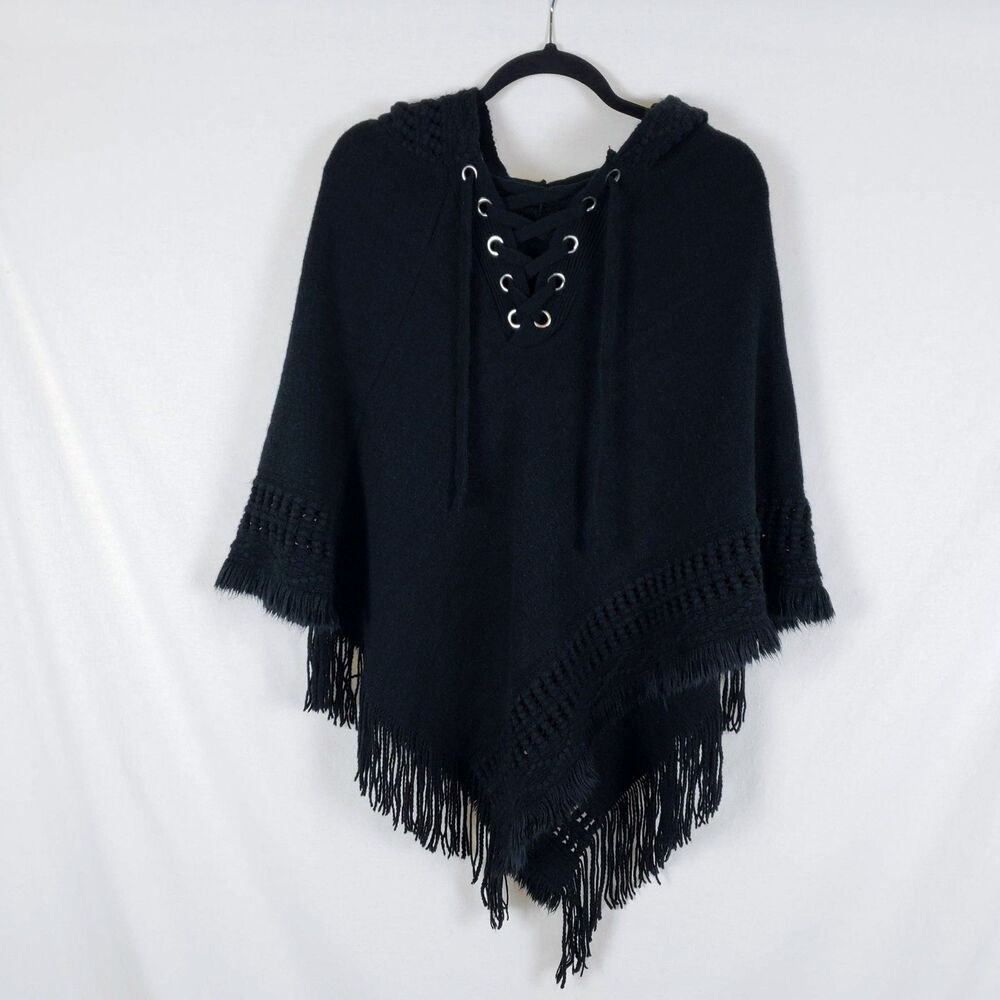 Fringe Hooded Poncho Sweater Lace-Up Grommets Womens OS Goth Witchy Ren Faire
